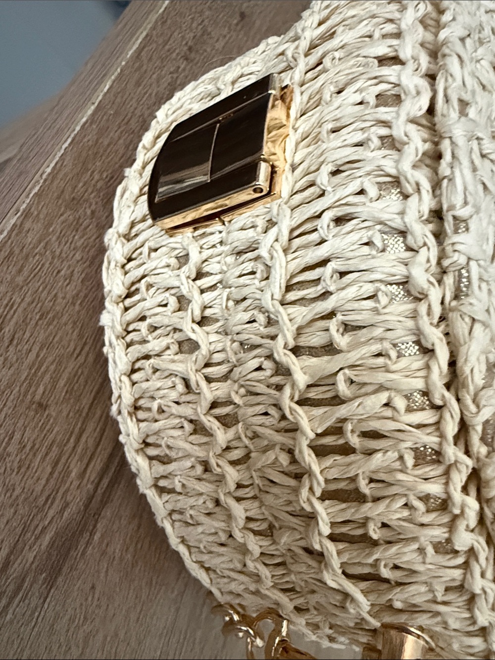 HAUTE HIPPIE Woven Round Crossbody Bag in Natural with Gold Chain & Gold Shimmer - Picture 12 of 14